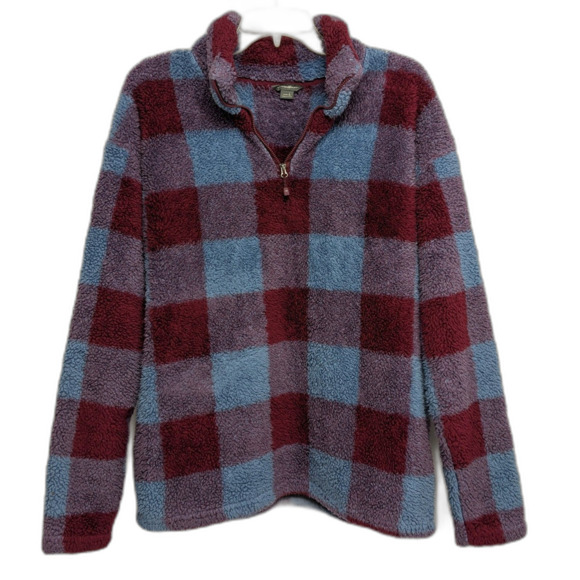 Eddie Bauer Pullover Jacket Women's Lg Red Blue Sherpa Fleece 1/4 Zip Mock Neck - Picture 1 of 4